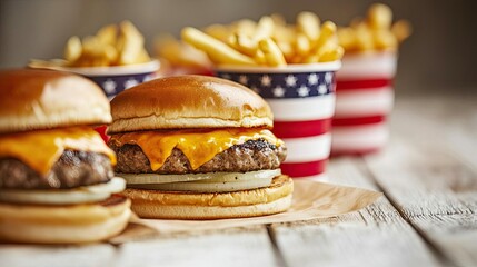 Delicious burgers with cheese and french fries on a rustic wooden table.