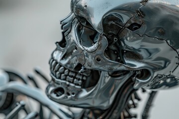 Close-up shot of a metal skeleton head, perfect for Halloween or horror-themed projects