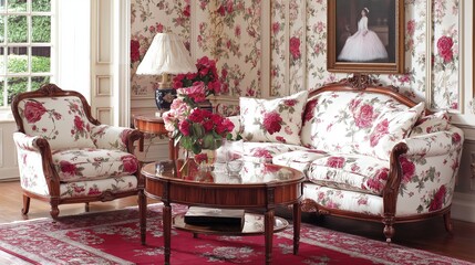 Formal Parlor with Floral Wallpaper and Mahogany Furniture