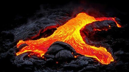 Molten lava flowing over dark rocks, creating a dramatic natural landscape.