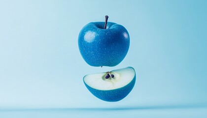 Innovative conceptual image of a levitating blue apple sliced in half against a monochromatic blue...