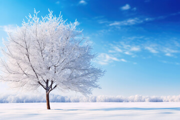 Fototapeta premium Snow-covered pine tree branches against clear blue sky