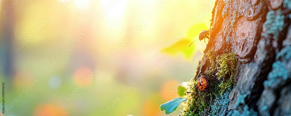 Poster close-up of tree bark with moss, illuminated by soft sunlight in a serene setting.