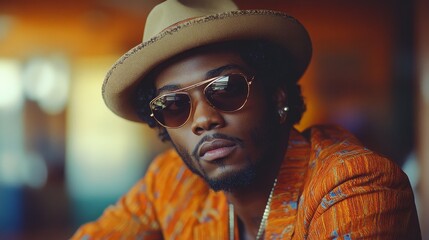 Portrait of a confident man wearing sunglasses and a hat, exuding cool and trendy style in a casual setting.