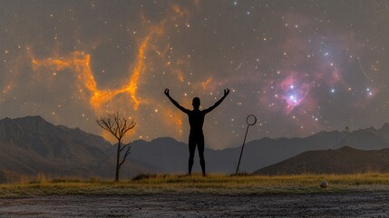 Obraz premium Solitary figure amidst starry desert landscape at dusk with outstretched arms towards cosmos