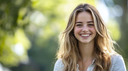 Naklejka premium Cheerful young woman with long hair smiling outdoors, surrounded by vibrant greenery in a sunlit park setting.