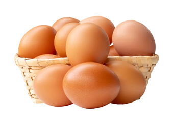 Group of fresh brown chicken eggs in stack in wicker basket isolated with clipping path in png file format