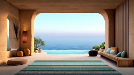 Fototapeta premium Cozy Oceanfront Patio Oasis: Modern House Retreat with Wooden Door and Scenic Views