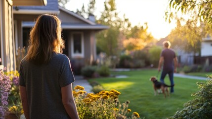 A serene suburban backyard during sunset, featuring a person watching another walking a dog, surrounded by blooming flowers.