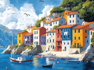 Obraz premium Explore the vibrant charm of a mediterranean coastal village surrounded by stunning landscapes