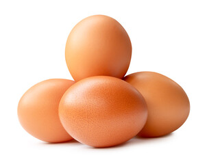 Side view of four brown chicken eggs in stack isolated on white background with clipping path