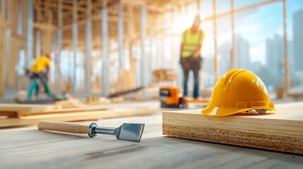 New Home Construction Site with Wooden Framing and Plywood in Sunlit Open Area