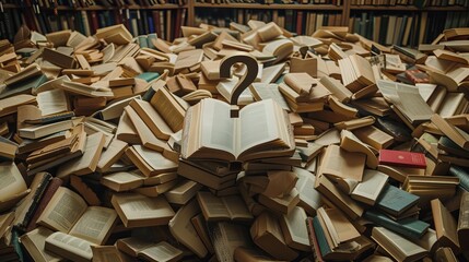 Fototapeta premium A question mark sits atop an open book, surrounded by a sea of books. What will you read next?