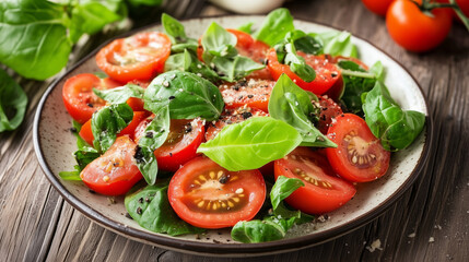Talerz z pomidorami i sałatą, ustawiony na rustykalnym drewnianym stole, tworzy obraz pełen naturalnego uroku. 