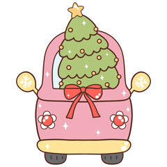 Groovy christmas red car. Vector illustration.
