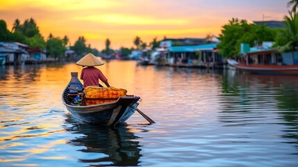 Obraz premium Traditional Fishing Boat on Tranquil River at Sunset in Rural Asia Landscape