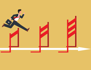 Overcoming obstacles and achieving the goal. ambitious businessman jump over hurdles to find higher obstacles.