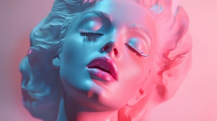 Obraz premium Close-up of a vibrant neon sculpture displaying blue and pink hues, evoking a sense of modern artistic expression.