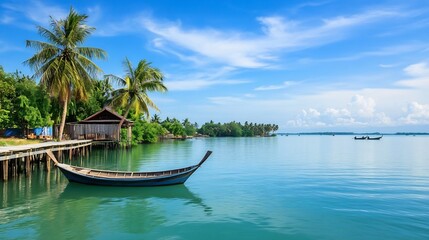Serene Tropical Island Getaway with Wooden Pier and Boat on Turquoise Waters