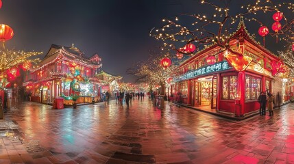 Fototapeta premium Bustling night market adorned with colorful lanterns and festive decorations, capturing the essence of a vibrant cultural celebration.