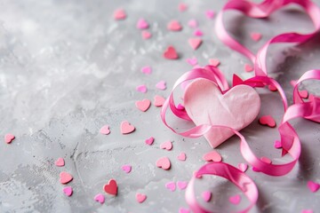 A pink heart symbol of love and affection, tied with a pink ribbon on a table