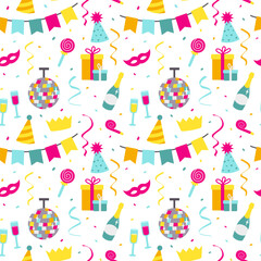 Seamless pattern with party decoration elements in cartoon flat style on white background. 