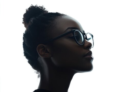 A woman wearing glasses and a black shirt, possibly for a formal or professional occasion