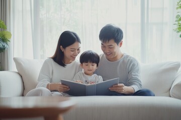 happy asian family looking at photo album together with child at home. candid cozy moments, bonding and connection. parents and son reading book on couch in living room. education, learning process