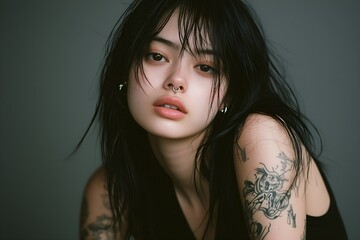 Fototapeta premium Portrait of a beautiful young goth female with black hair, tattoos and piercing looking at camera.