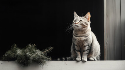 Obraz premium Silver tabby cat sitting on a ledge with a pine branch nearby