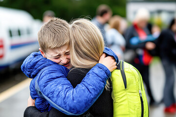 Fototapeta premium Child Comforts Mother Through Emotional Farewell at Train Station