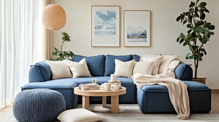 Fototapeta premium Two knitted poufs near dark blue corner sofa. Scandinavian home interior