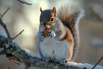 Fototapeta premium A squirrel is enjoying a snack on a tree branch, munching on a nut