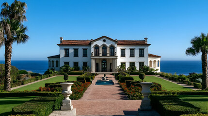 Obraz premium Santa Barbara Spanish colonial with Pacific views and citrus grove, California mission-style hilltop estate