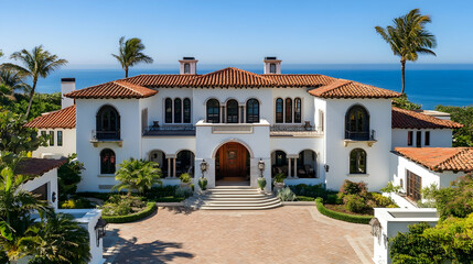 Fototapeta premium Santa Barbara Spanish colonial with Pacific views and citrus grove, California mission-style hilltop estate