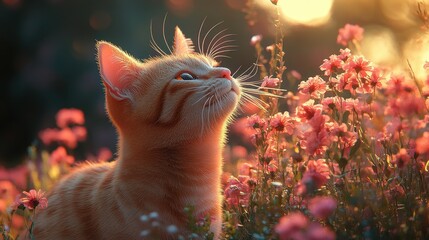 Curious feline exploring a vibrant garden, delicately sniffing colorful blooms amidst lush greenery