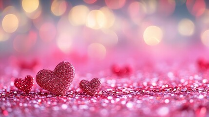 Fototapeta premium Valentine's day banner. Heart confetti and glitter on pink abstract background, bokeh light