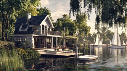 Obraz premium A boathouse with a vintage design, adorned with nautical decor, set on a quiet canal with sailboats passing by in the distancecf94b664d005