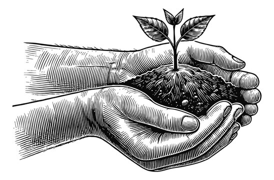 hand holding plant and soil engraving black and white outline