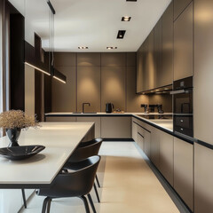 modern kitchen with a long white countertop and modern chairs and table