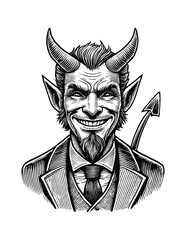 Obraz premium devil man suit engraving black and white outline