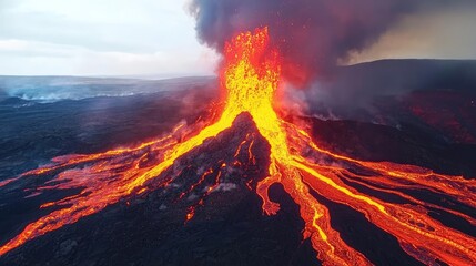 Volcanic eruption spewing lava and ash into the atmosphere, breathtaking natural phenomenon.