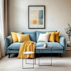 Blue sofa with yellow pillows  Scandinavian home interior design of modern living room