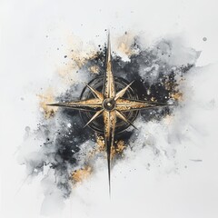 A detailed compass design surrounded by abstract watercolor splashes in gold and black tones on a white background