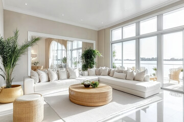 Fototapeta premium White minimalist and Coastal style home interior design of modern living room