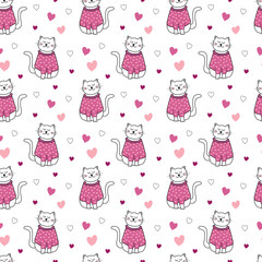 A seamless pattern with a cute cat in love surrounded by hearts on a white background, perfect as wrapping paper for Valentine’s Day. Vector illustration ideal for romantic gifts and decor.