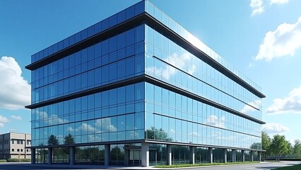 Modern office building complex, sunny day, glass facade