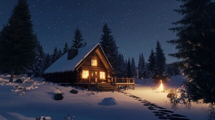 Fototapeta premium A snow-covered log cabin with warm lights inside, nestled among pine trees. Open sky area for a Christmas message.