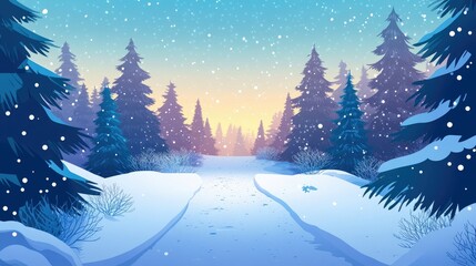 Fototapeta premium A snow-covered path through a winter forest with pine trees, creating a peaceful holiday atmosphere. Open space in the sky area for text.