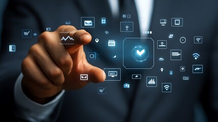 A businessman finger presses on a digital icon touch, Hologram digital icon touch